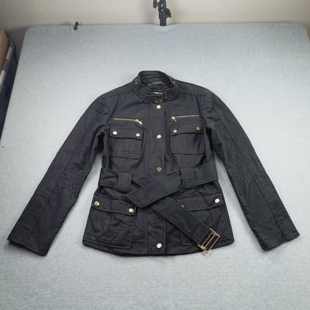 Zara Basic Jacket Womens L Black Utility Military Belted Safari Field Coat
